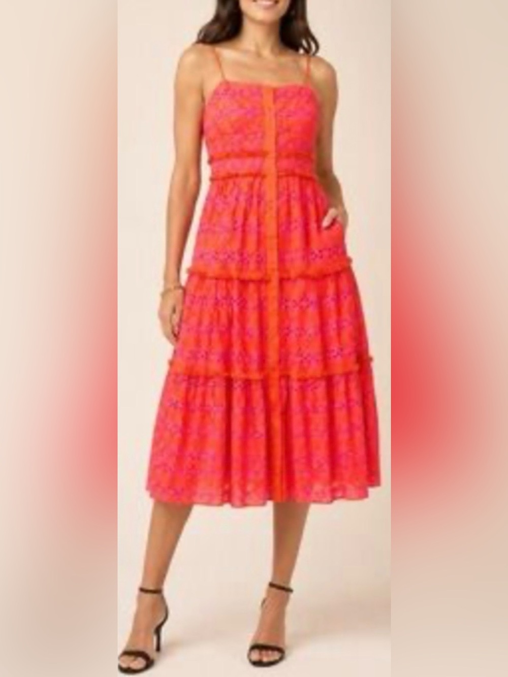 J. Crew Pink and Orange Eyelet Tiered Midi Sundress